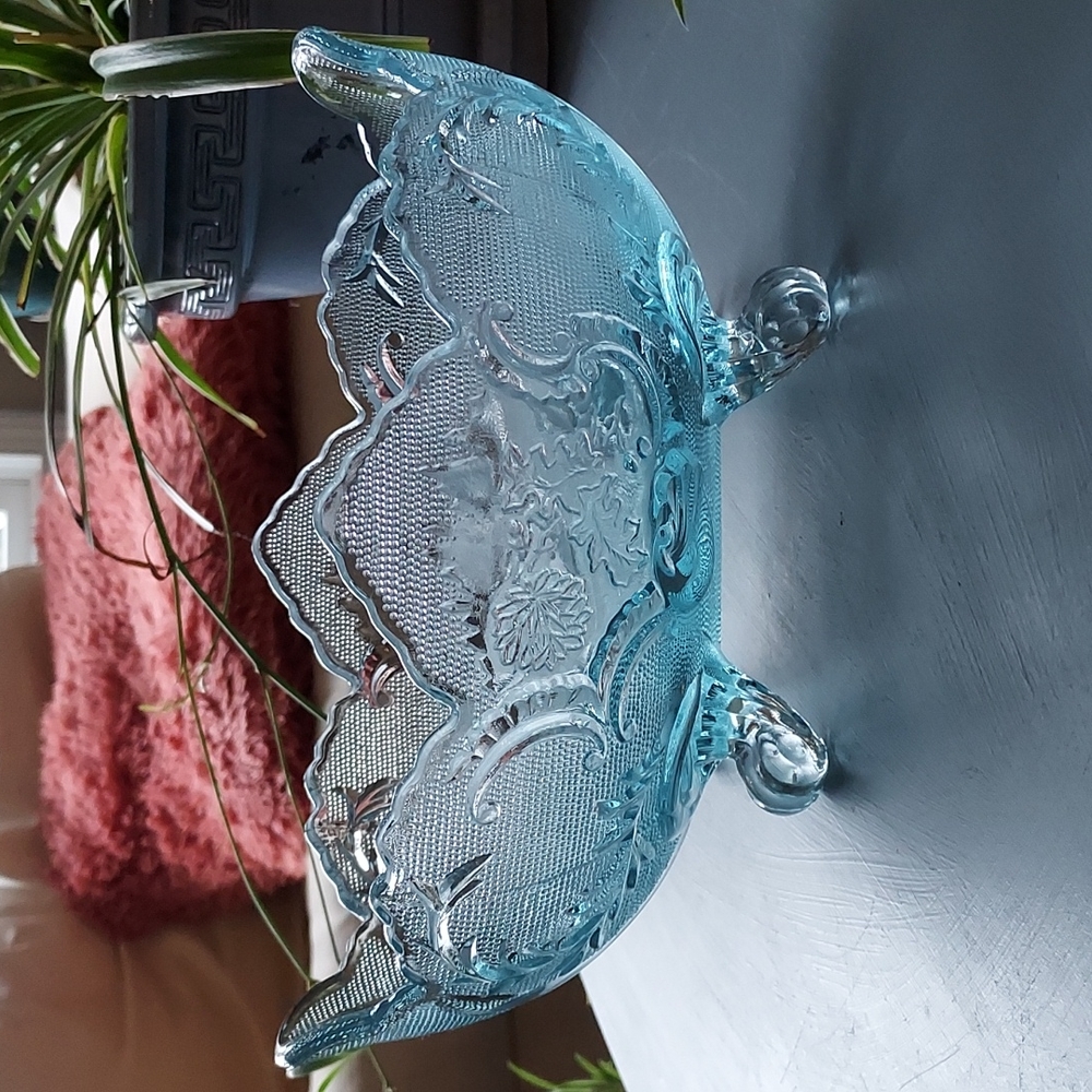 Vintage Jeannette mid century Pressed Glass Blue Footed Hombre  Compote Bowl MCM - Picture 5 of 17